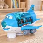 Lumiwee Skye blue toy airplane on an oak playroom floor