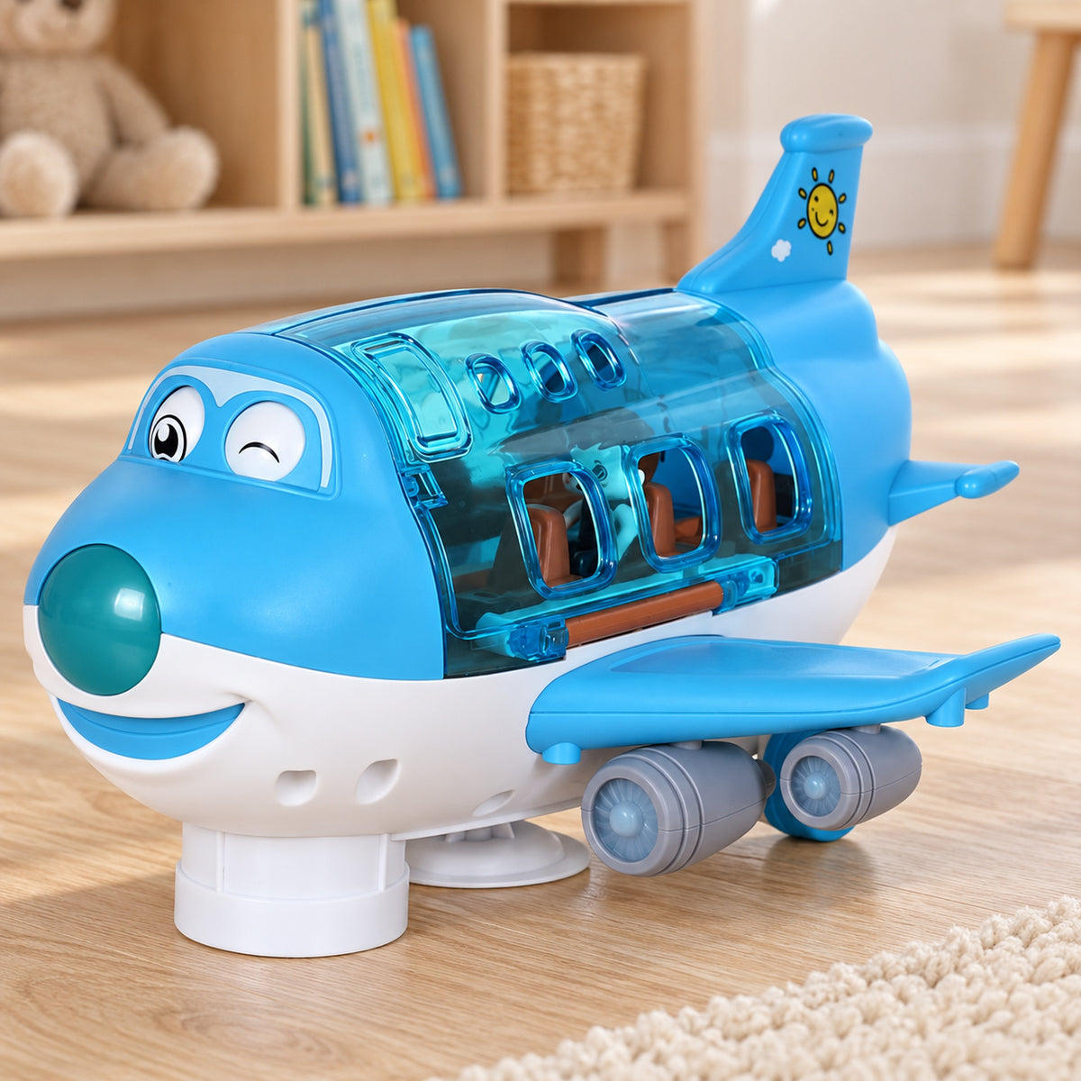 Lumiwee Skye blue toy airplane on an oak playroom floor