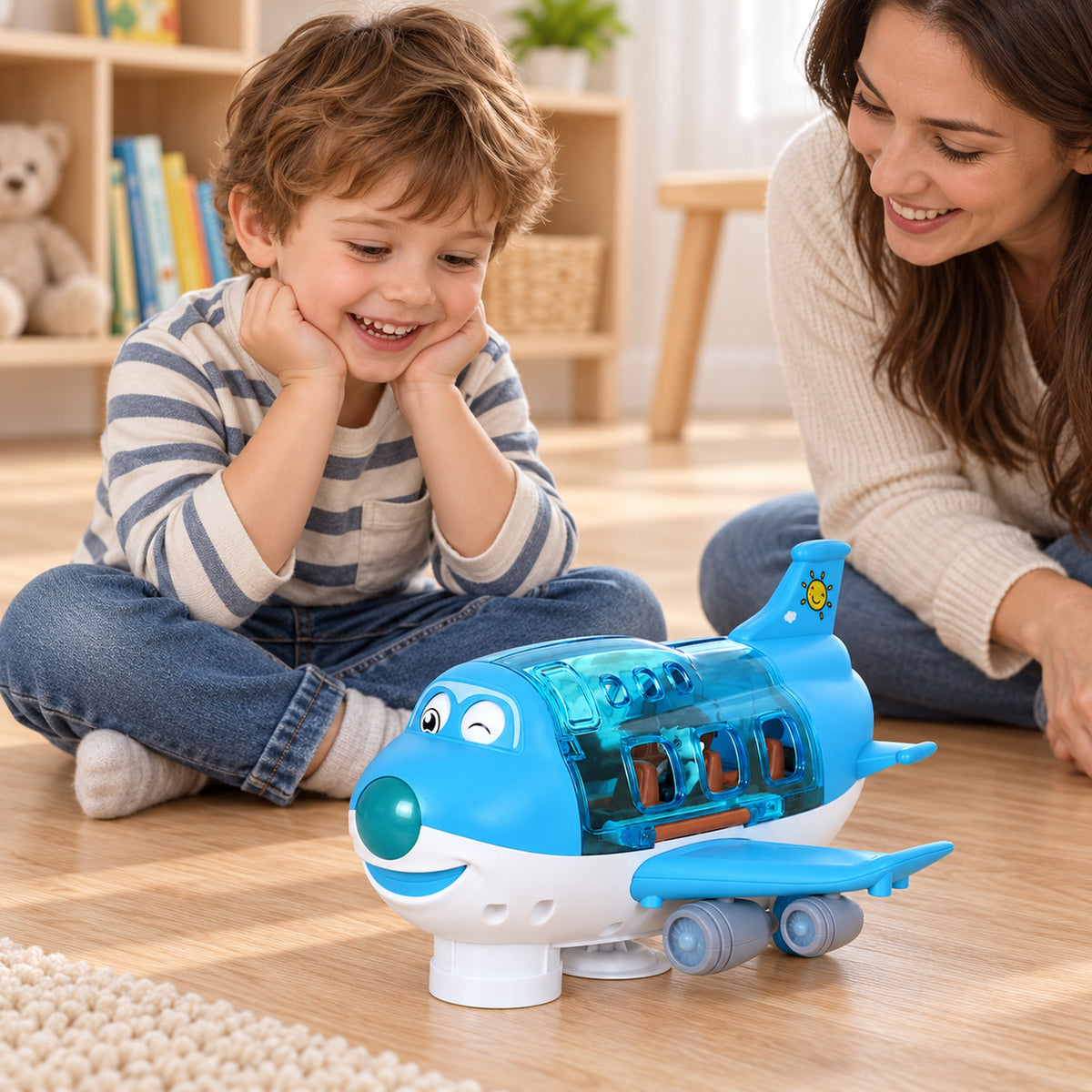 Lumiwee Skye blue toy airplane beside a preschool child and parent