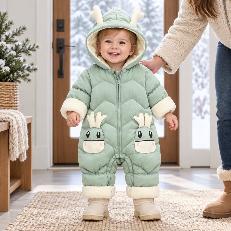 Lumiwee Sleet green hooded snowsuit worn by a standing toddler with a parent