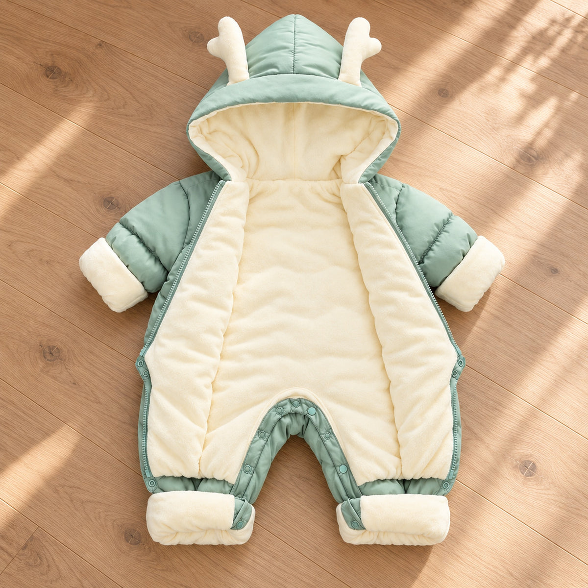 Lumiwee Sleet green snowsuit open to show plush lining