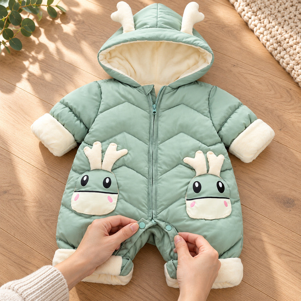 Lumiwee Sleet adult opening the crotch snaps on the laid-flat snowsuit