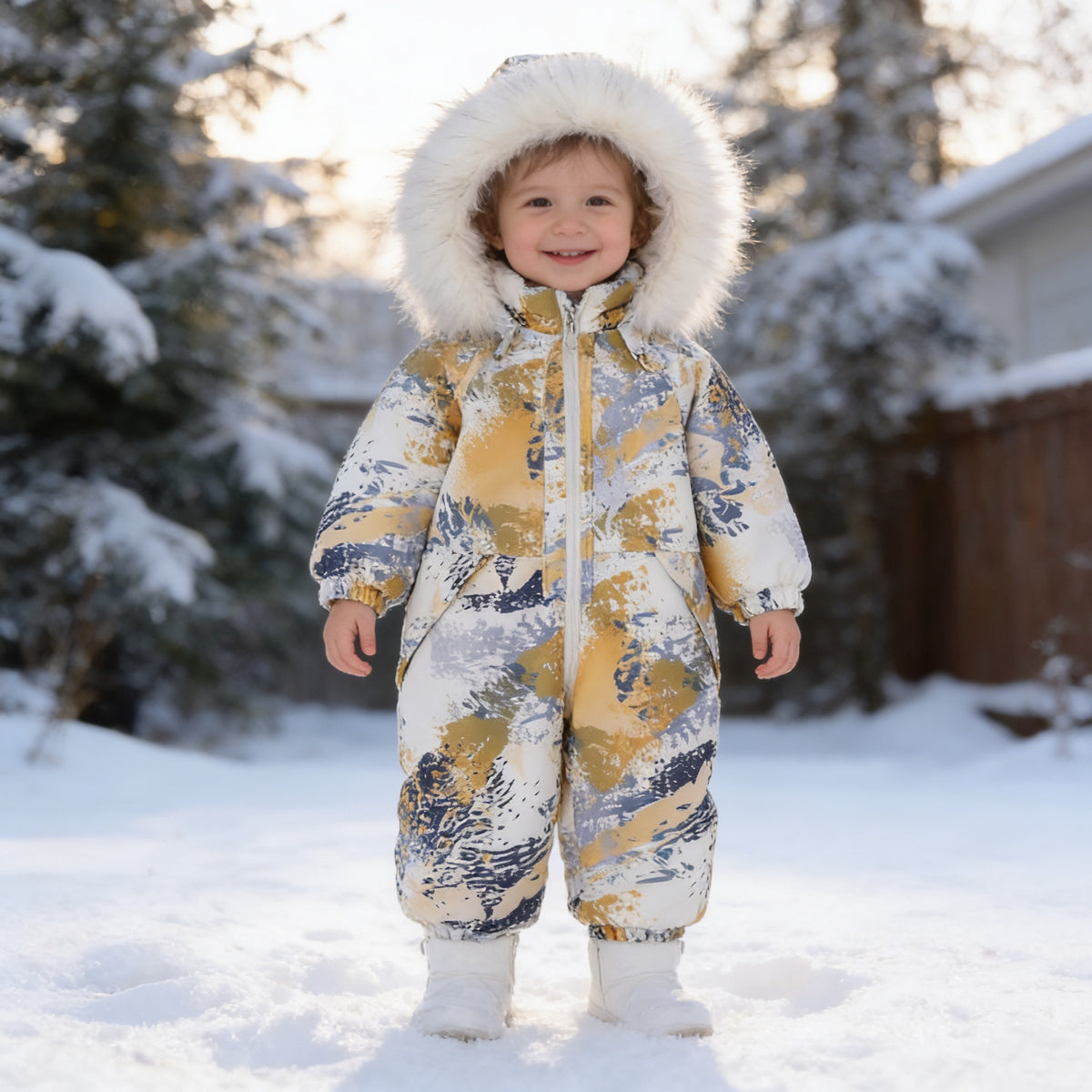 Lumiwee Snowdrop toddler hooded snowsuit: toddler in the painted waves hooded snowsuit standing in the snow