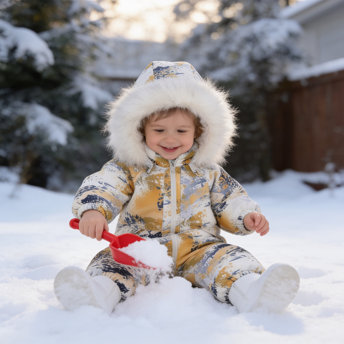 Lumiwee Snowdrop toddler hooded snowsuit: toddler in the snowsuit playing in the snow with a toy shovel