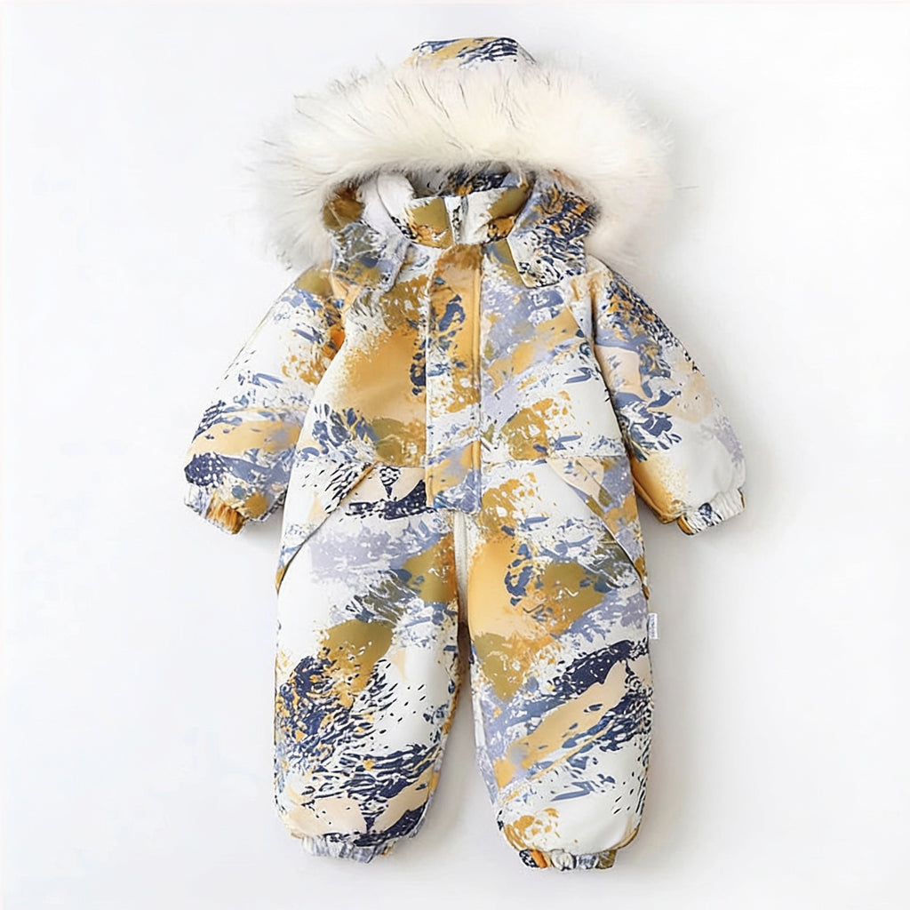 Lumiwee Snowdrop toddler hooded snowsuit: painted waves toddler snowsuit on a white background