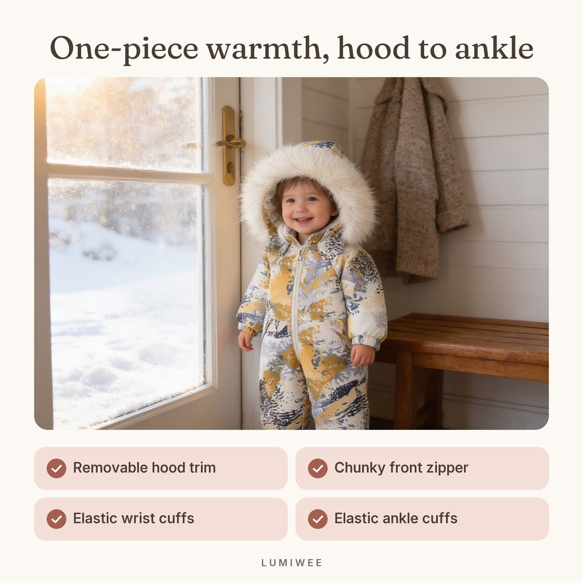 Lumiwee infographic: Snowdrop - One-piece warmth, hood to ankle