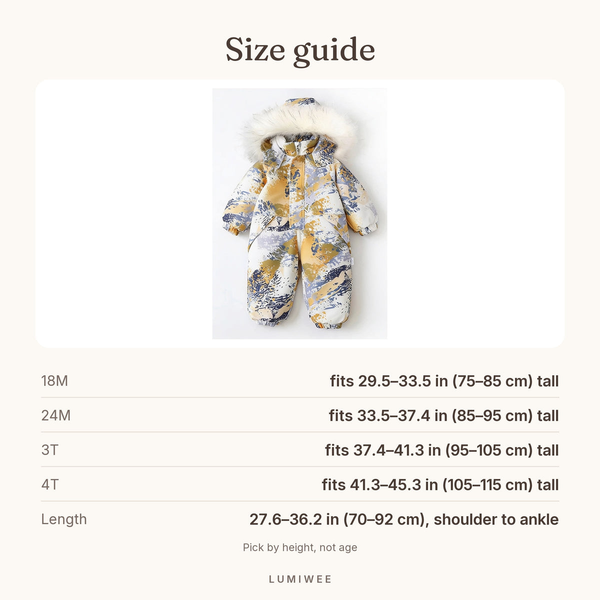 Lumiwee infographic: Snowdrop - Size guide