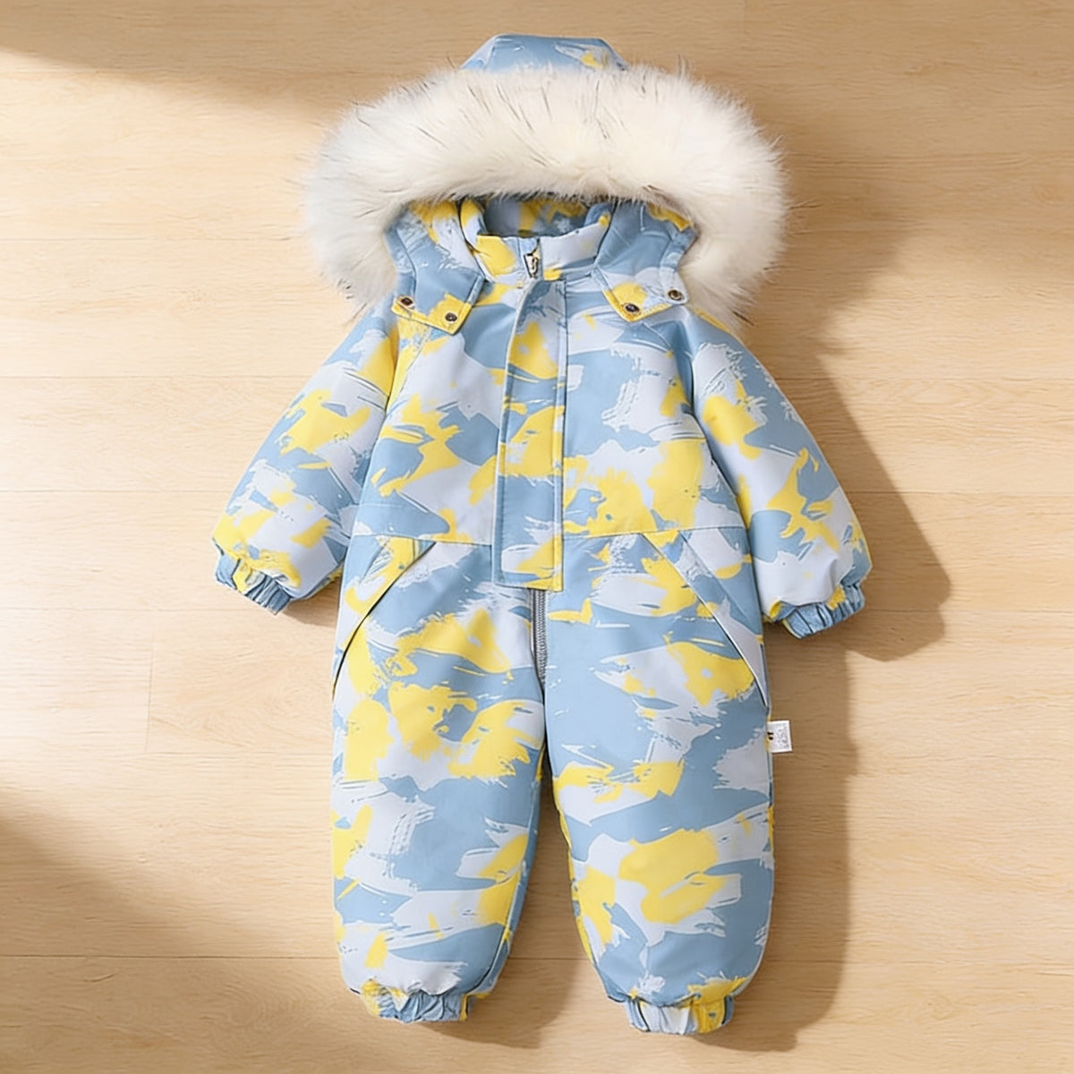 Lumiwee Snowdrop toddler hooded snowsuit, Blue Brushstroke option, in a bright room