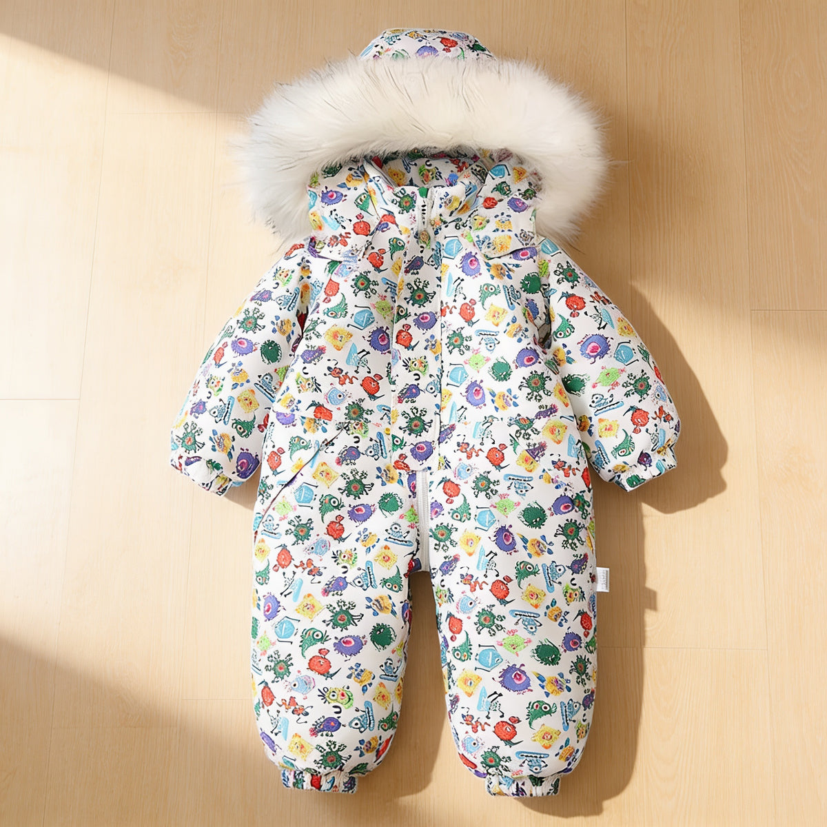Lumiwee Snowdrop toddler hooded snowsuit, Little Monster option, in a bright room