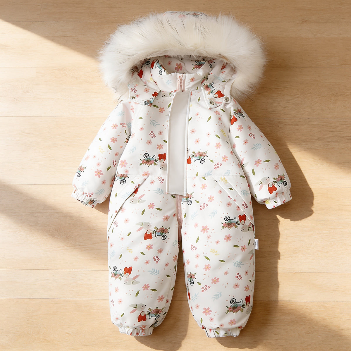Lumiwee Snowdrop toddler hooded snowsuit, White Bunny option, in a bright room