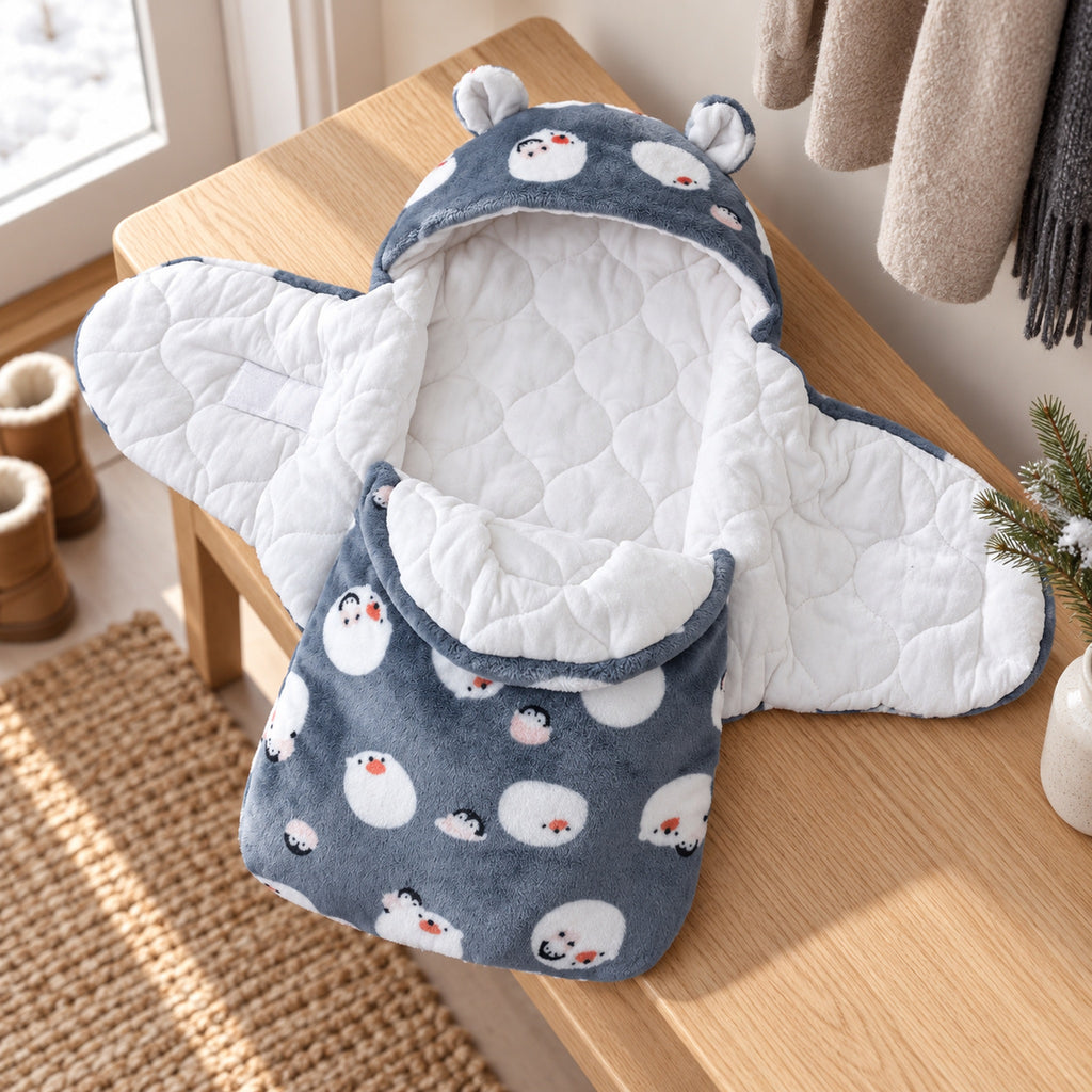 Lumiwee Snowy Polar Bear bunting wrap open on an entryway bench