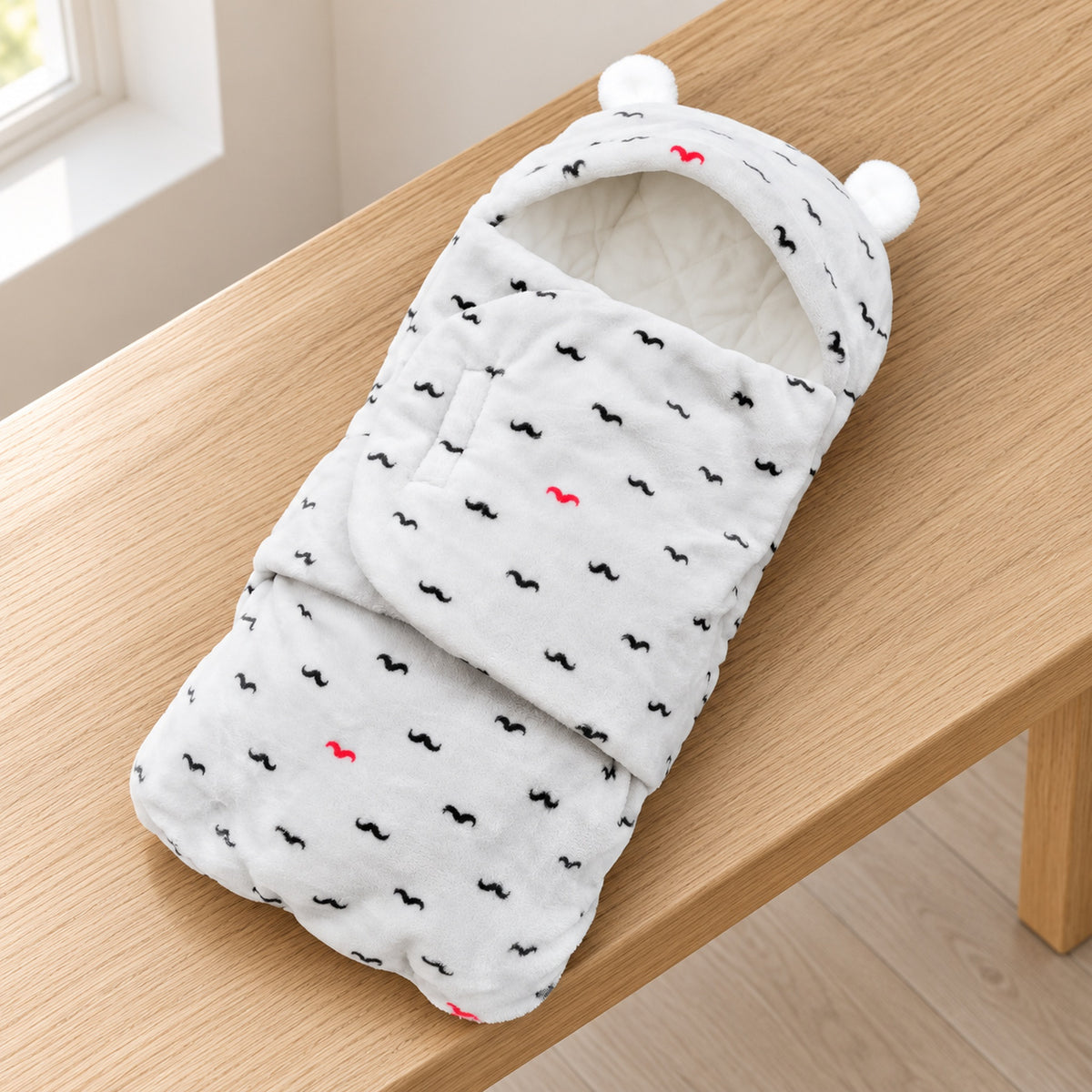 Lumiwee Snowy Hooded Baby Bunting Wrap, Mustache option