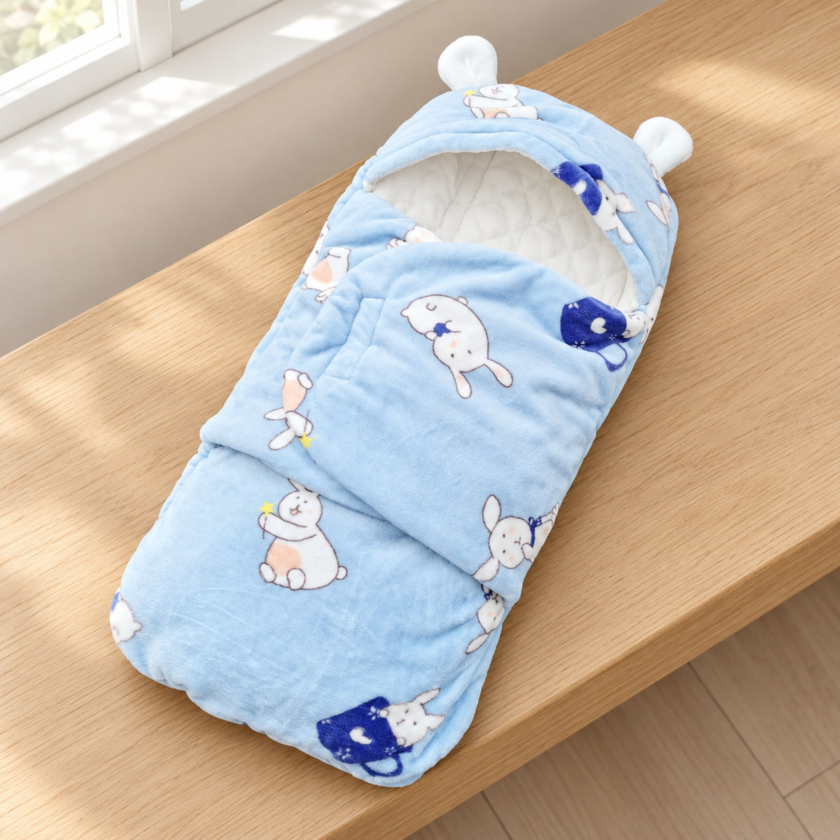 Lumiwee Snowy Hooded Baby Bunting Wrap, Blue Bunny option