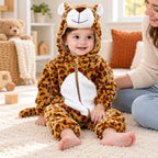 Lumiwee Snuggle leopard costume worn by an awake toddler in a playroom