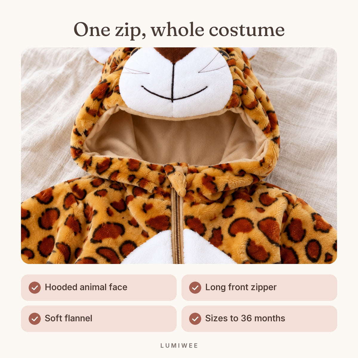 Lumiwee infographic: Snuggle - One zip, whole costume