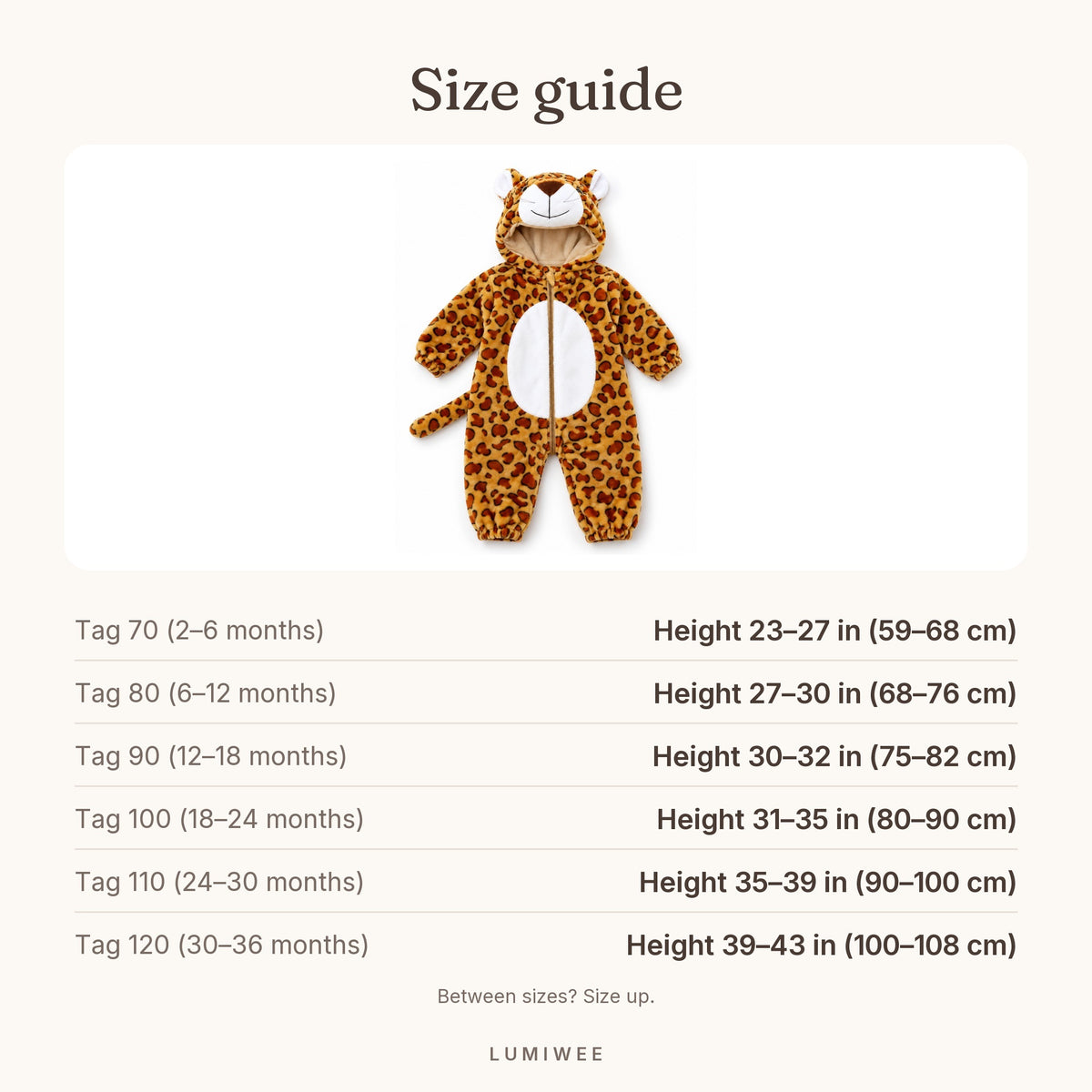 Lumiwee infographic: Snuggle - Size guide