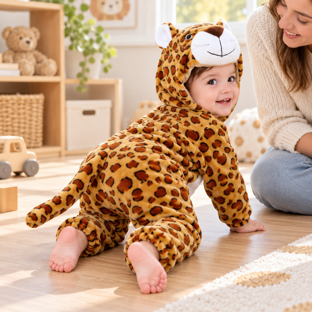 Lumiwee Snuggle leopard costume side and tail during daytime floor play