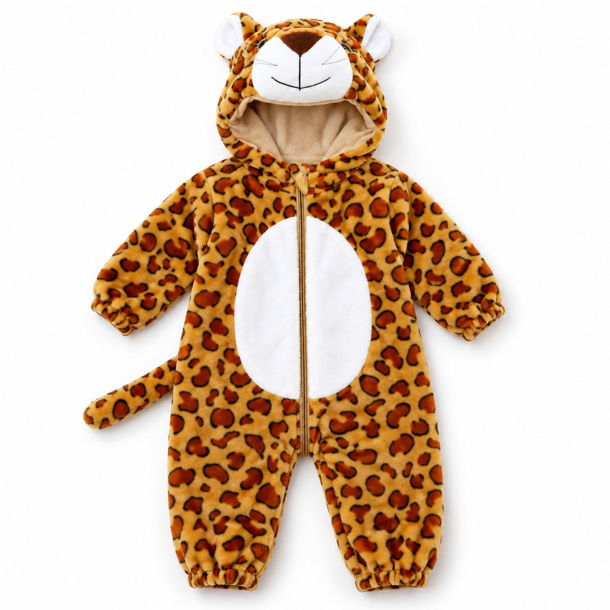 Lumiwee Snuggle leopard animal onesie with open leg cuffs on white