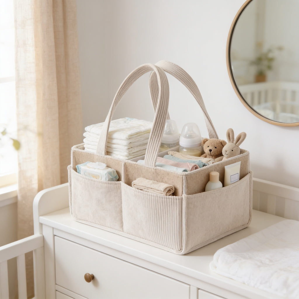 Lumiwee Sorrel corduroy diaper caddy basket: beige corduroy diaper caddy stocked with diapers and wipes on a nursery dresser