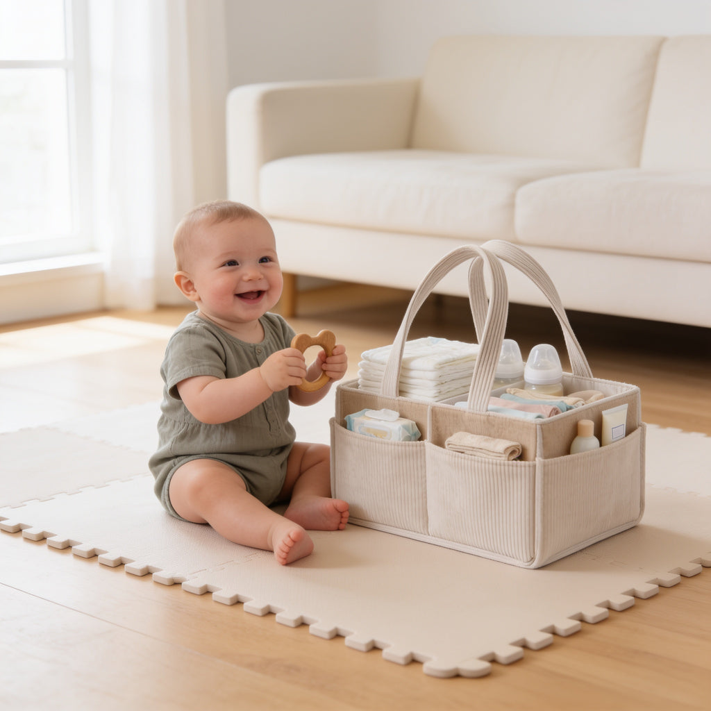 Lumiwee Sorrel corduroy diaper caddy basket: stocked caddy on a play mat next to a smiling baby