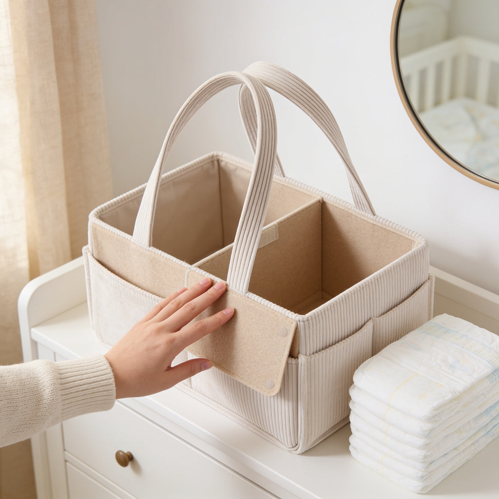 Lumiwee Sorrel corduroy diaper caddy basket: moving a hook-and-loop felt divider inside the caddy