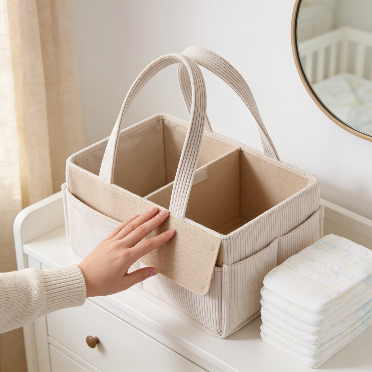 Lumiwee Sorrel corduroy diaper caddy basket: moving a hook-and-loop felt divider inside the caddy