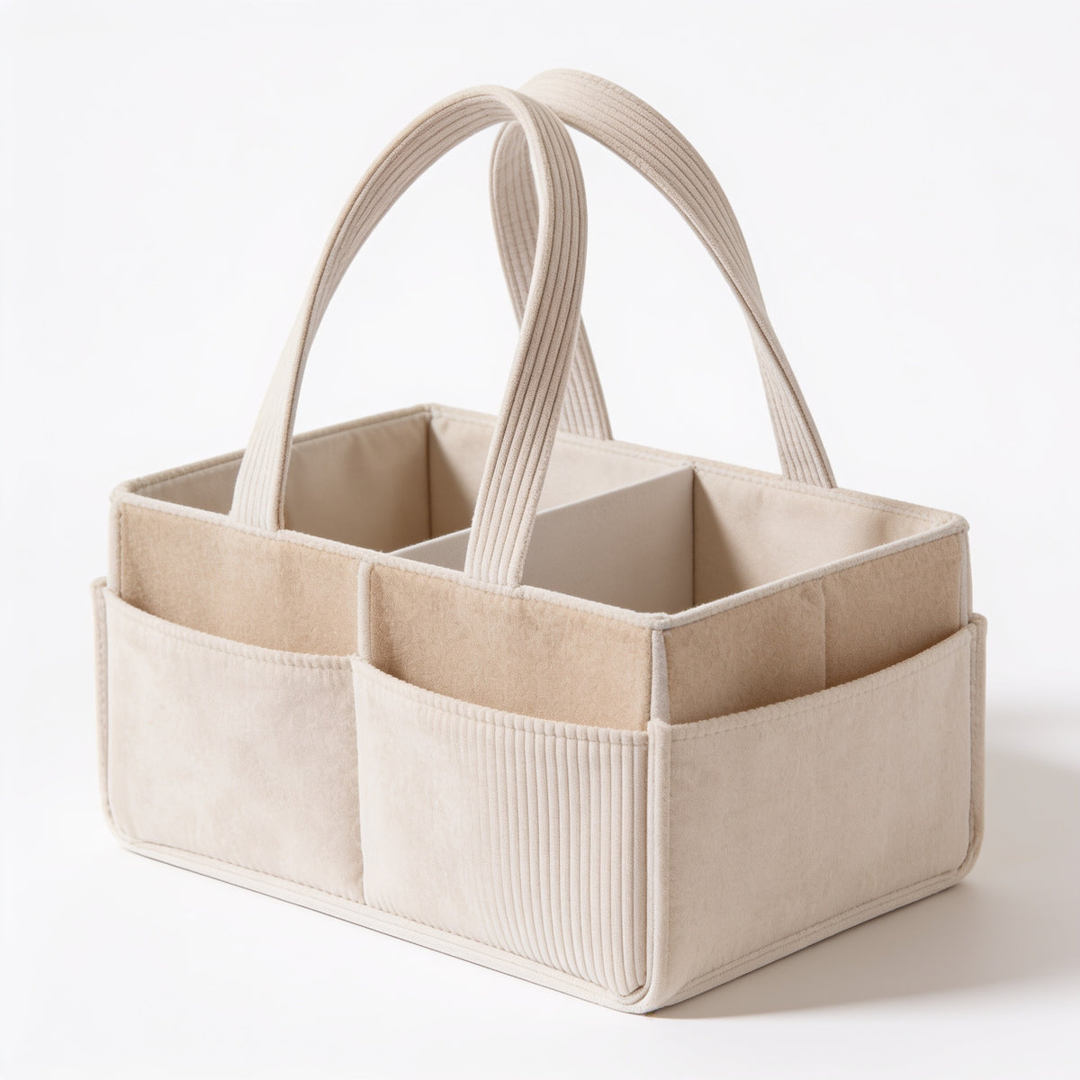 Lumiwee Sorrel corduroy diaper caddy basket: beige corduroy diaper caddy on a white background