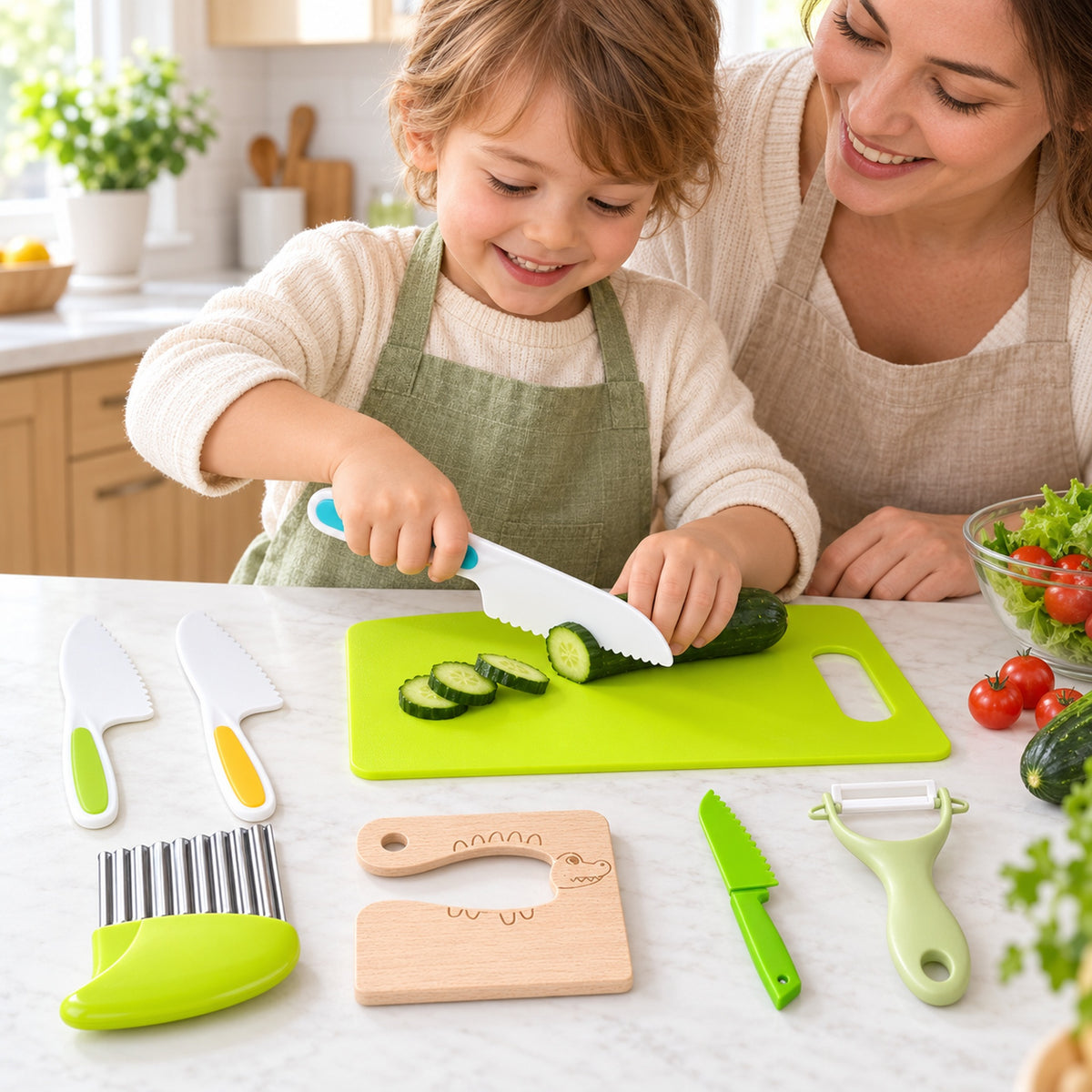Lumiwee Sous eight-piece kitchen set with child slicing cucumber beside a parent