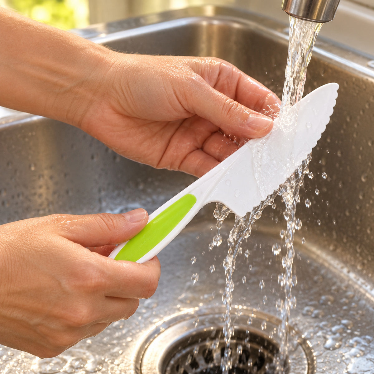 Lumiwee Sous adult rinsing the lime-handled plastic knife at a sink