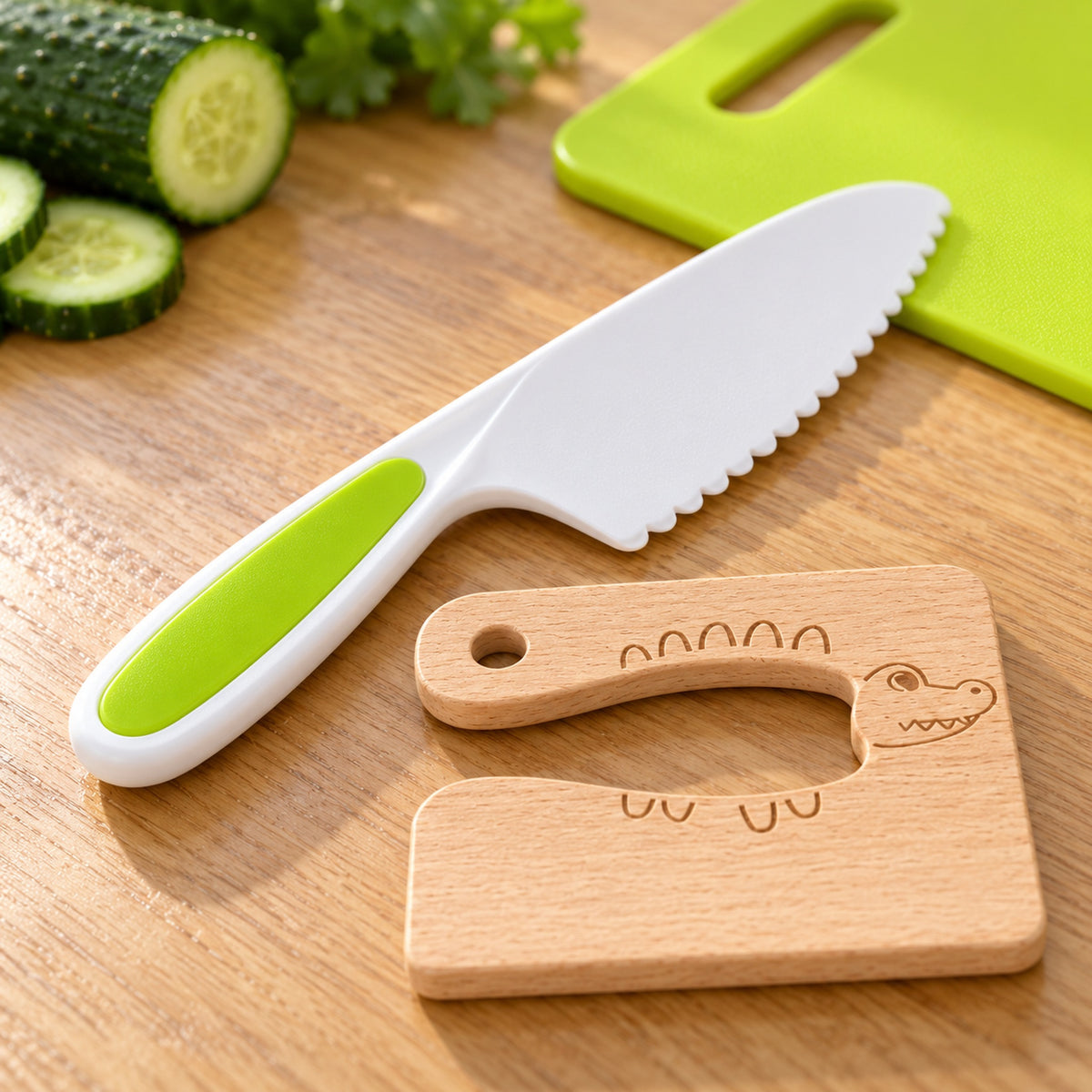 Lumiwee Sous serrated plastic blade and wooden starter knife detail