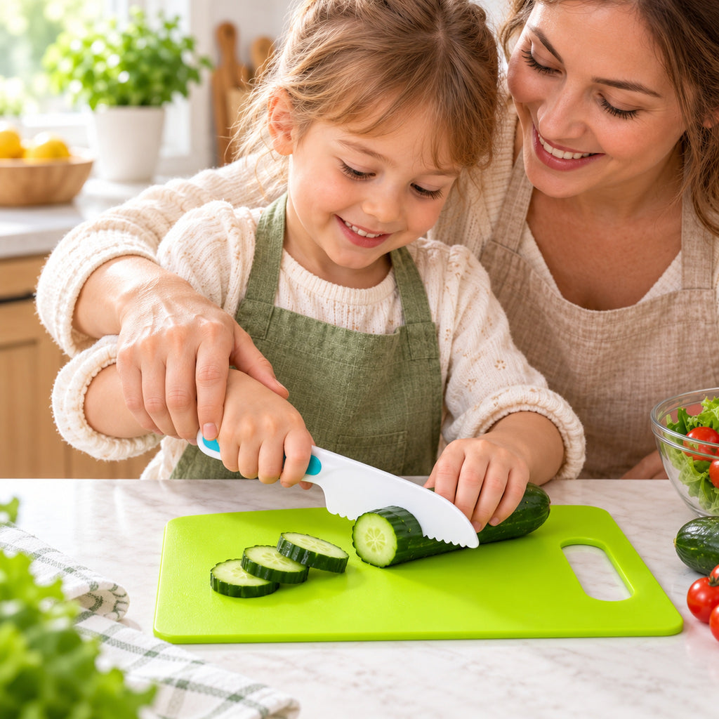 Lumiwee Sous parent guiding a child cutting cucumber with plastic knife