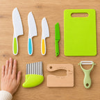 Lumiwee Sous complete eight-piece kitchen set beside an adult hand for scale