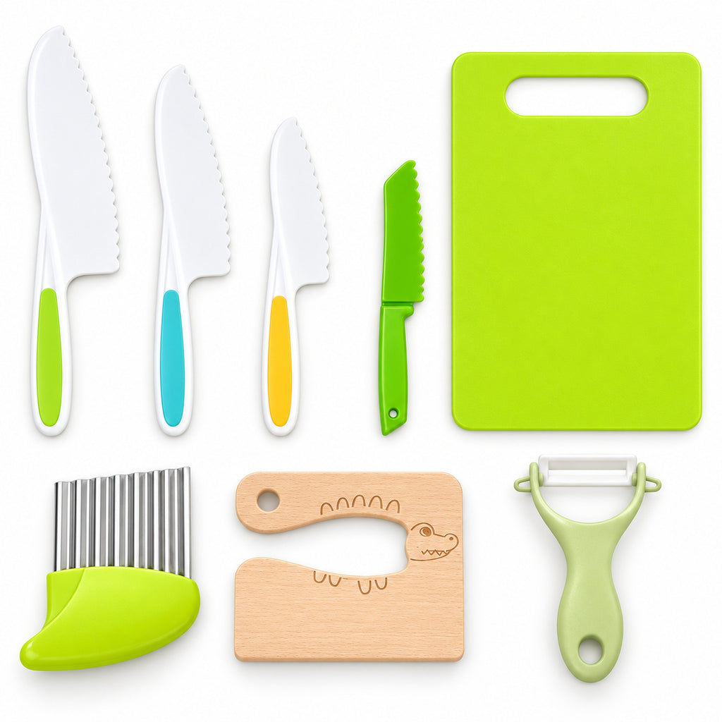 Lumiwee Sous eight-piece kitchen tools set arranged on white