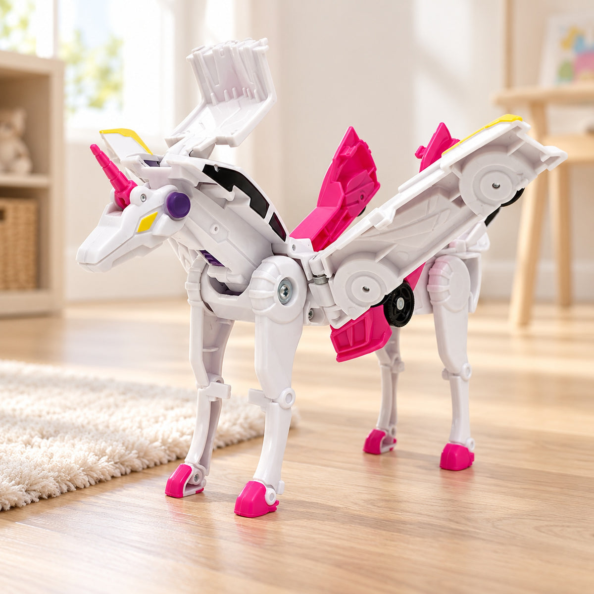 Sparkle pink transforming unicorn toy on a warm wooden play surface