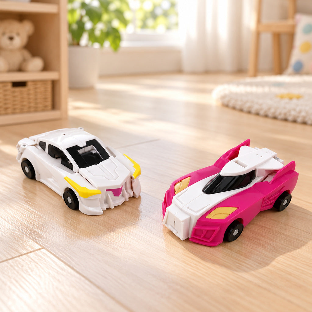 Sparkle white and pink toy cars folded before transformation