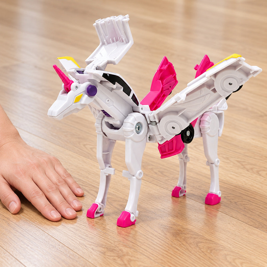 Sparkle assembled unicorn beside an adult hand for scale