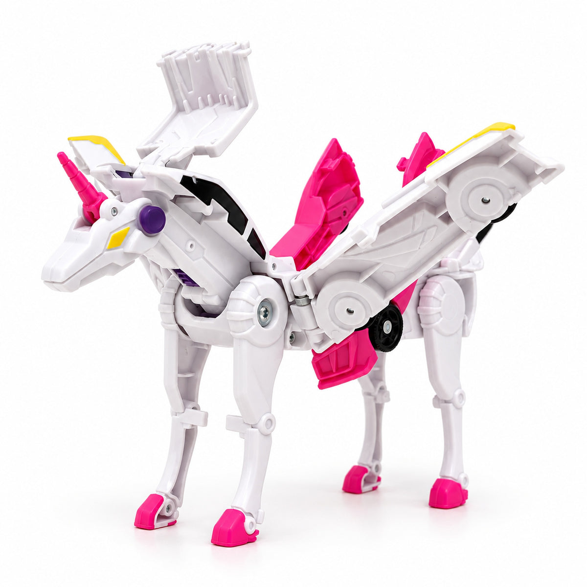 Sparkle pink transforming unicorn toy on a white background