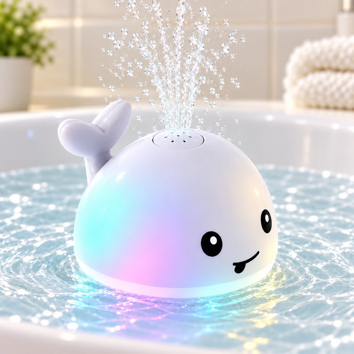 Spout whale fountain glowing aqua and lavender in a white basin