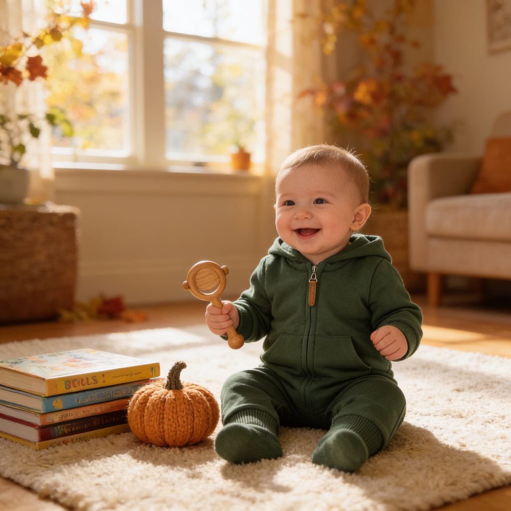 Lumiwee Sprig hooded zip baby romper: baby in the forest green hooded zip romper on a rug