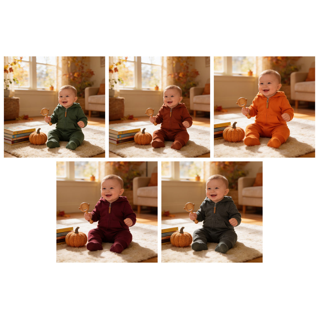 Lumiwee Sprig hooded zip baby romper: the Sprig romper in all five colors