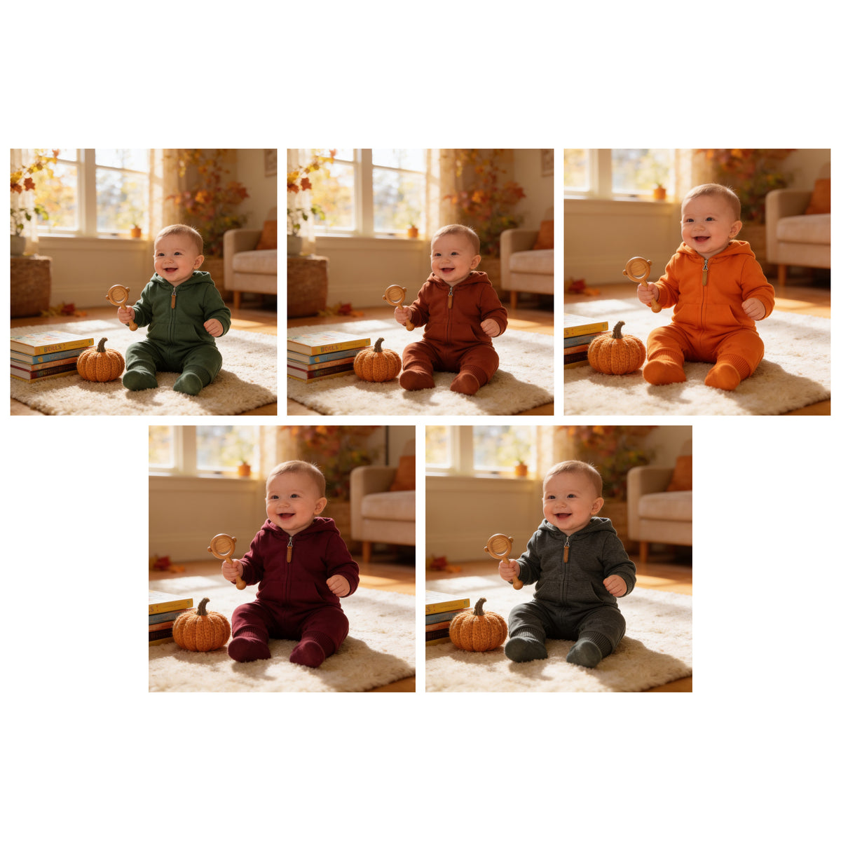 Lumiwee Sprig hooded zip baby romper: the Sprig romper in all five colors