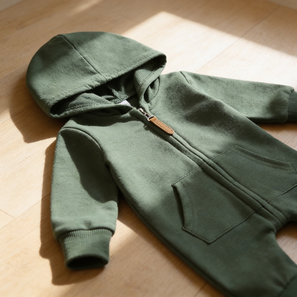 Lumiwee Sprig hooded zip baby romper: close-up of the zip, pull tab and pocket