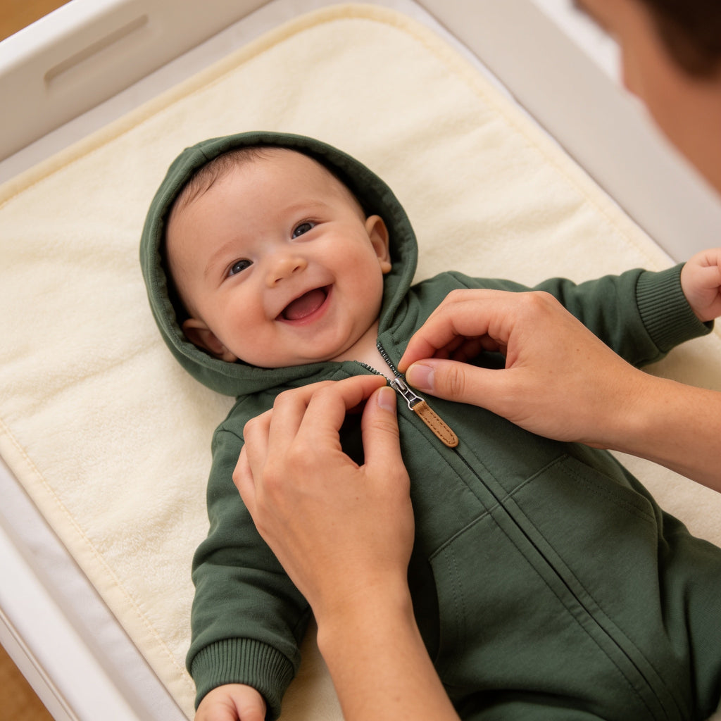 Lumiwee Sprig hooded zip baby romper: zipping the romper up on a smiling baby