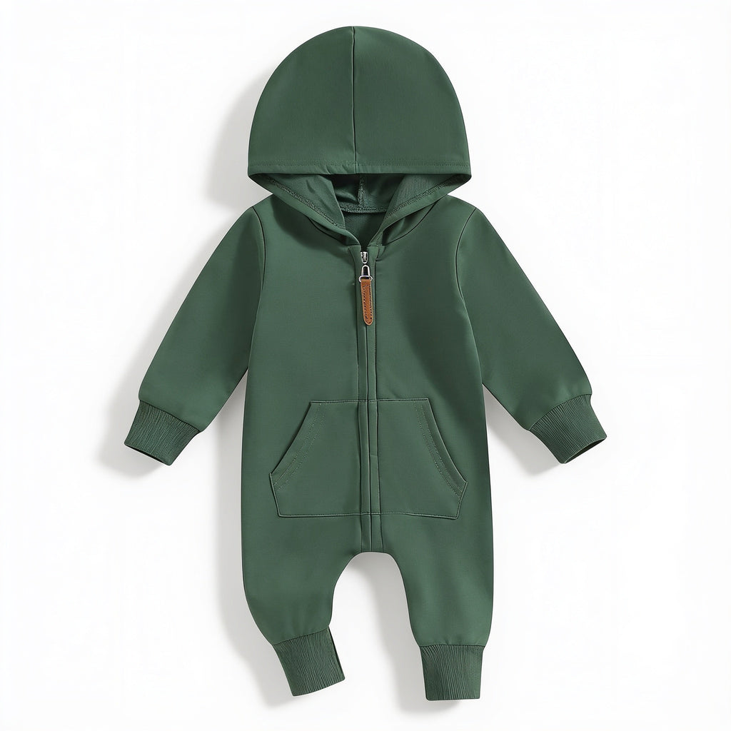 Lumiwee Sprig hooded zip baby romper: forest green hooded baby romper on a white background