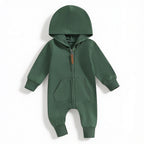 Lumiwee Sprig hooded zip baby romper: forest green hooded baby romper on a white background