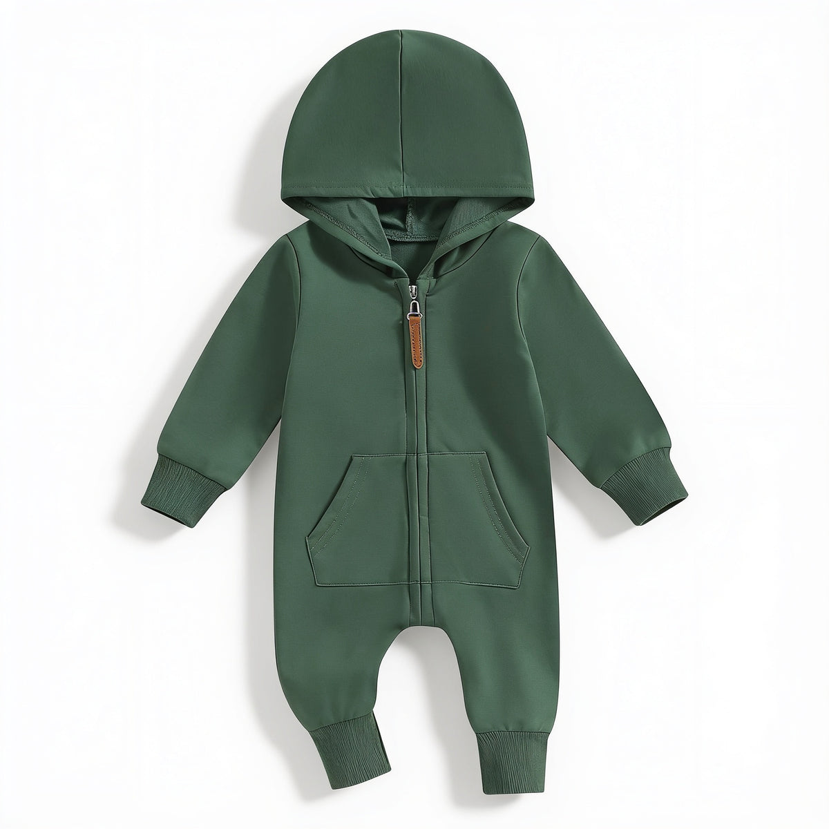 Lumiwee Sprig hooded zip baby romper: forest green hooded baby romper on a white background