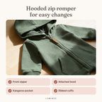 Lumiwee infographic: Sprig - Hooded zip romper for easy changes