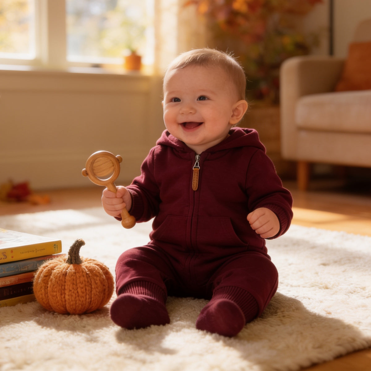 Lumiwee Sprig hooded zip baby romper, Burgundy option, in a bright room