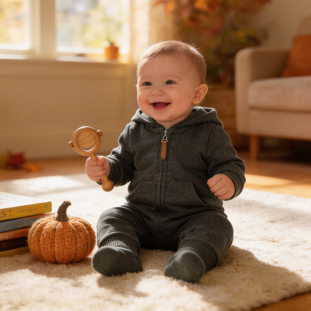 Lumiwee Sprig hooded zip baby romper, Charcoal option, in a bright room