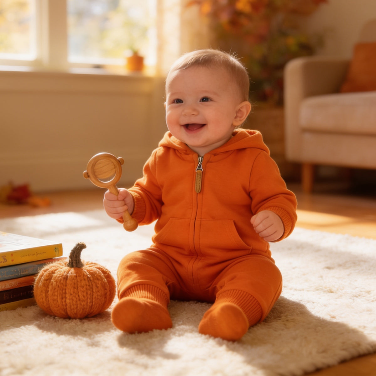 Lumiwee Sprig hooded zip baby romper, Pumpkin option, in a bright room